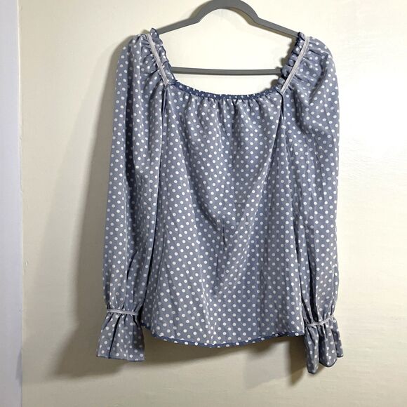 Women's Blue White Polka Dot Flounce Sleeve Frilled Blouse Size M, 36 - Picture 10 of 12